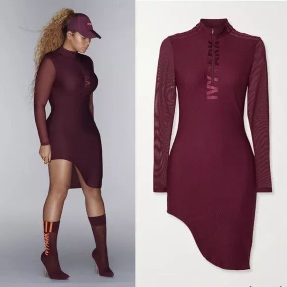 NEW Ivy Park x Adidas Mesh LNG Sleeve Stretch-Piqué Dress Burgundy L